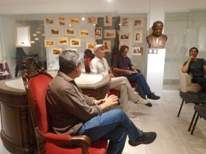 Diego Filloy, junto a Marcelo Fagiano, José Di Marco y Pablo Dema, en la Biblioteca Personal Juan Filloy, en Río Cuarto.